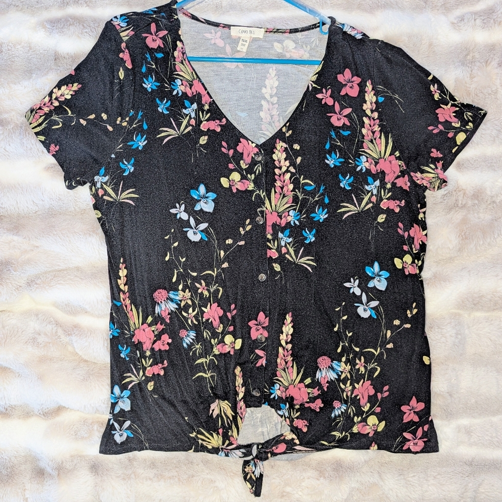 Como Blu Black Floral Tie Front Top Short Sleeve Button Front XL
